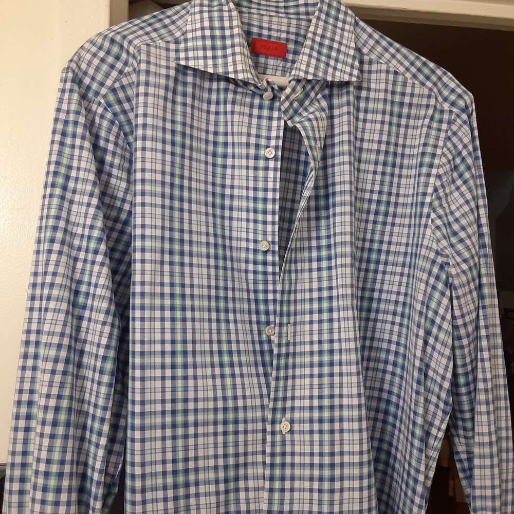 Isaia Blue and White Plaid Dress Shirt